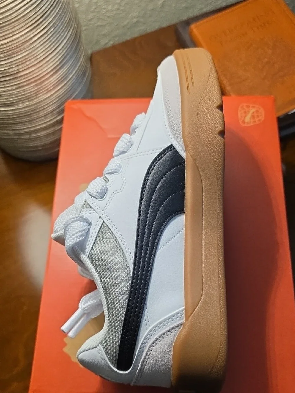 Puma Kids White & Black Low-Top Sneaker with Brown Sole